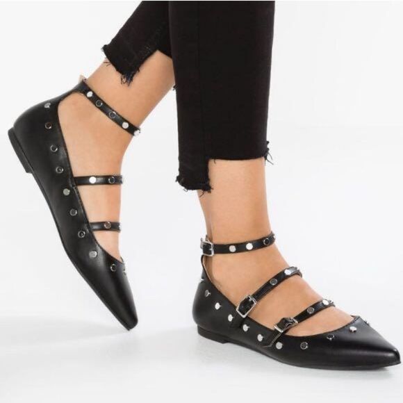 Topshop Women's Black Silver Studded Pointy Toe Strappy Flats Sz 5/38 - Picture 1 of 13